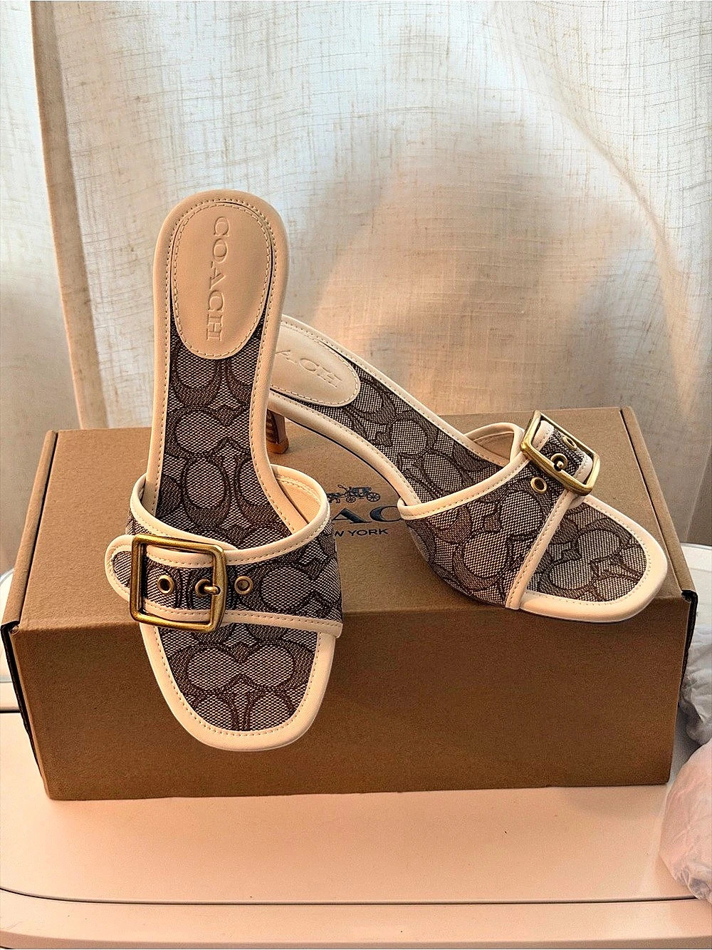Coach Margot Sandal In Signature Jacquard Brown & Beige